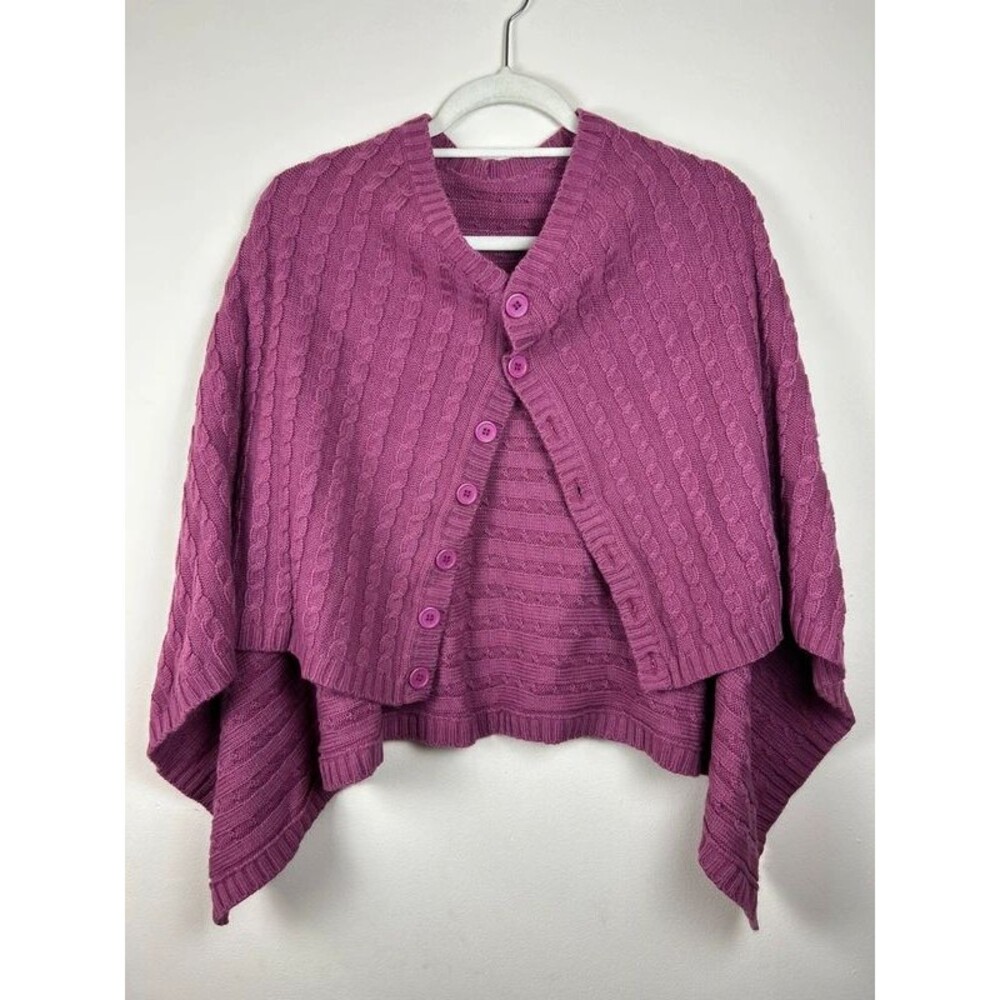 Purple Cable Knit Poncho Sweater Cape Women Regular Size Button Front Cardigan